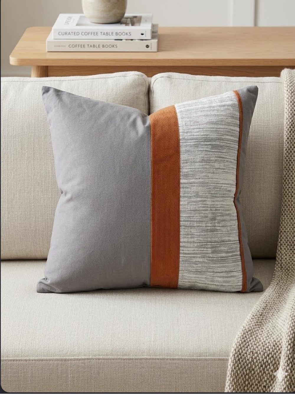 Minimalist Colorblock Throw Pillow Gray Orange Textured Stripe Decor 14”x14”